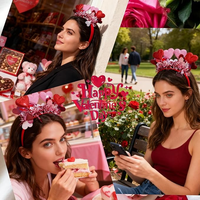 1pcs Valentines Headband Red Heart Headbands with Sequin Heart Hair Accessories Shiny Pink Tassel Head Bopper for Valentines Holiday Wedding Birthday Costume Accessory