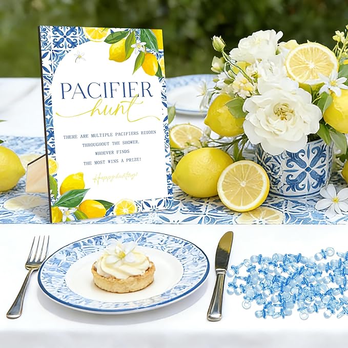 Whaline 51 Pcs Pacifier Hunt Baby Shower Game Include Tile Lemon Wooden Sign 50 Blue Plastic Pacifier for Gender Reveal Party Favor Gift Supplies