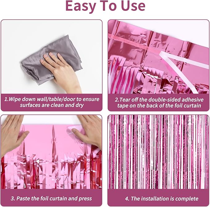 RUBFAC 2 Pack Pink Foil Fringe Curtains Party Decorations Tinsel Metallic Streamers Photo Booth Streamer for New Year Decorations Bachelorette Wedding Engagement Baby Shower Birthday Holiday