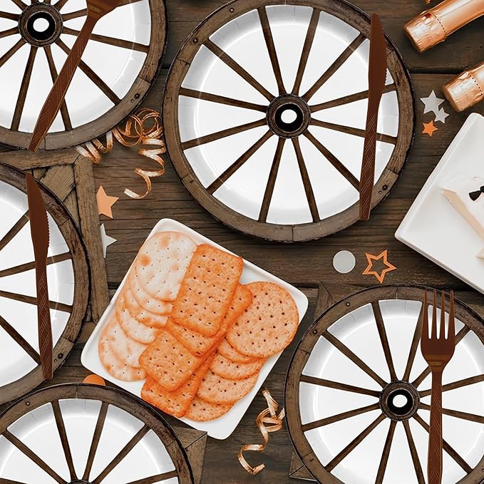 168PCS Wagon Wheel Party Decorations Western Party Supplies Brown Wild West Paper Plates Napkins Cups Knives Forks Straws tablecloths for 24 Guests