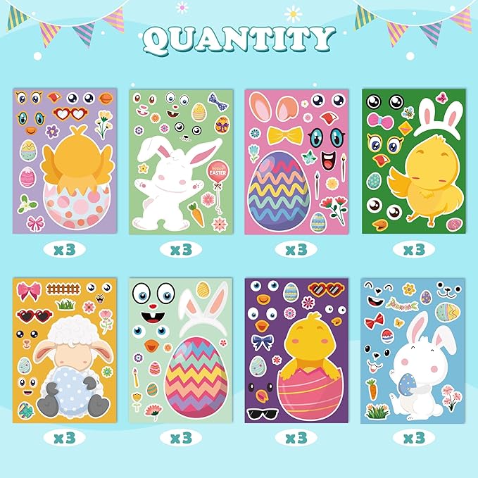 OHOME Easter Basket Stuffers for Kids - DIY Happy Egg Bunny Sticker Crafts Stickers for Toddlers,Kids Easter Gifts Decor Treats Games Toys Activities Party Favor Supplies(24 Sheets)