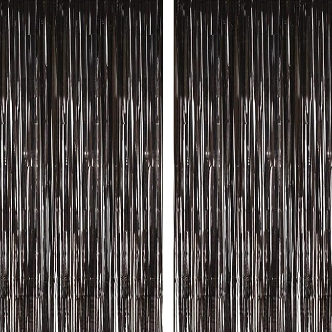 2 Pcs 3.2ft x 8.2ft Shiny Black Metallic Tinsel Foil Fringe Curtain Photo Booth Backdrop Props for Birthday Wedding Bridal Shower Baby Shower Celebration Bachelorette Party Decorations