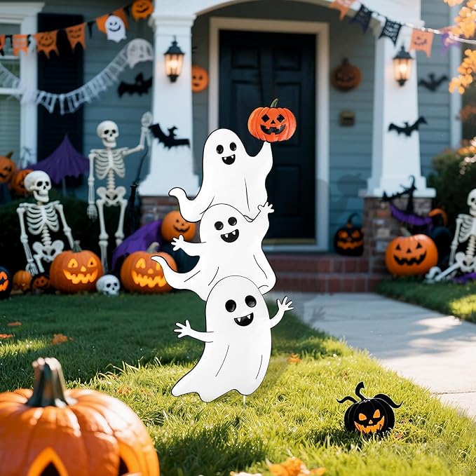 Halloween Ghost Yard Signs Metal Ghost Yard Sign with Pumpkin Halloween Metal Garden Stakes for Outdoor Garden Lawn Patio Pathway Horror Party Decorations