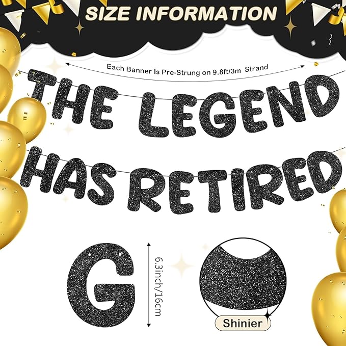 Fulmoon Pre Strung the Legend Has Retired Glitter Banner 9.8 ft Retirement Banner Retirement Party Decorations Garland Bunting for Men Women Gifts, No DIY(Black)