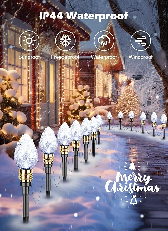 Brightown 2 Pack Strawberry C9 Christmas Pathway Lights Outdoor - Total 34.8 Feet 20 LED Christmas Walkway Light, Christma Light Outdoor Decorations for Yard Lawn Holiday Outside, Pure White