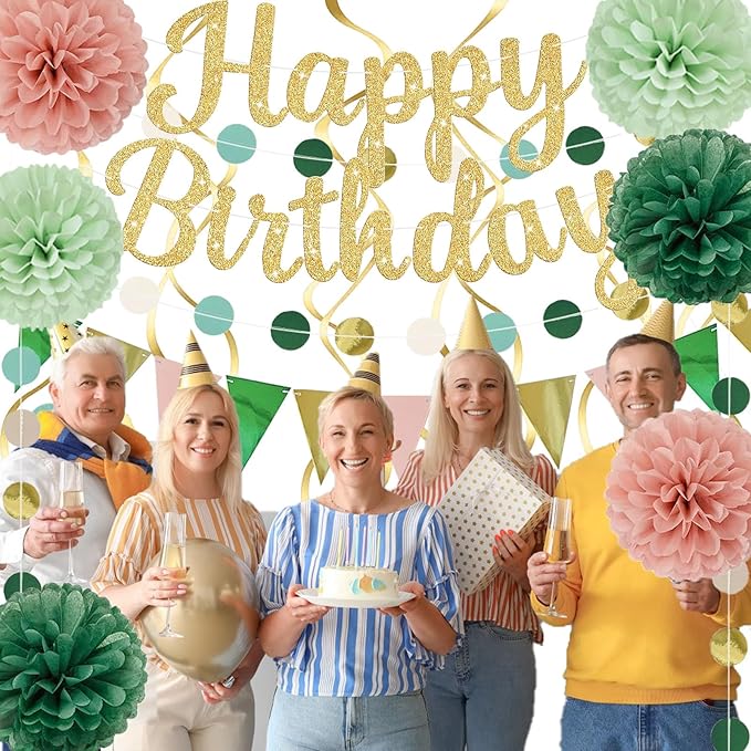 Sage Green Birthday Decorations, Happy Birthday Banner and Paper Pompoms, Hanging Swirls, Circle Dots Garland, Pennant Flags for Girls Women Party Decorations
