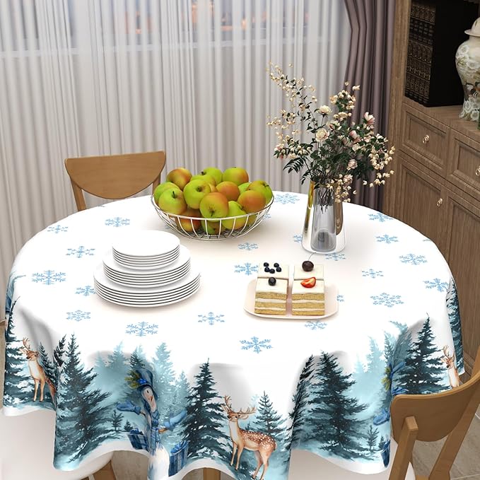 Christmas Reindeer Round Tablecloth Xmas Snowflake Pattern 70 Inch White Blue Table Cloth Winter Holiday Table Cover Washable Polyester Decor for Home Kitchen Dinning Party