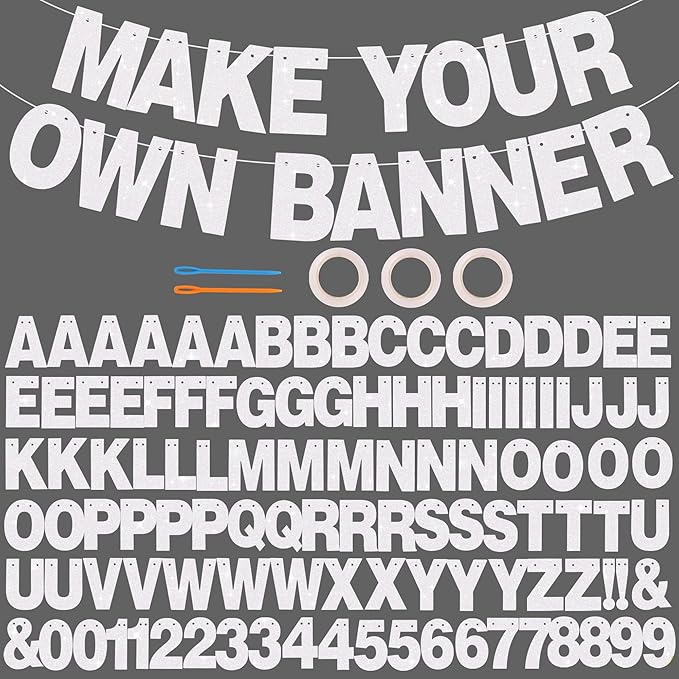 BEISHIDA 116 PCS A-Z DIY Letter Banner Kit Make Your Own Banner Glitter White Including 111 Letters and Numbers 3 Rope and 2 Threading Device,Customized for Birthday Graduation Wedding Party Decor