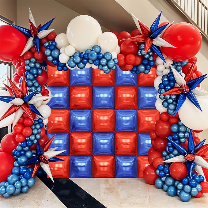 Red and Blue Square Foil Balloons Wall, Double Sided Chrome Deep Blue Red Balloons Tunnel Arch Kit Backdrop for Boys Birthday Graduation 4th of July Nautical Party Theme Decorations
