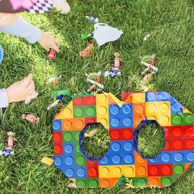 Number 8 Pinata Building Blocks 8th Birthday Party Decorations with Pinata Stick Blindfold for Kids Happy Birthday Building Block Theme Party Supplies (Small, 16 x 10.6 x 3 In)