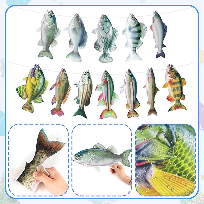 Hooqict Gone Fishing Hanging Banner Garland Fish Birthday Party Banner for Happy Birthday Decorations Fishing Theme Party Supplies Under The Sea Baby Shower Fathers Day Decorations