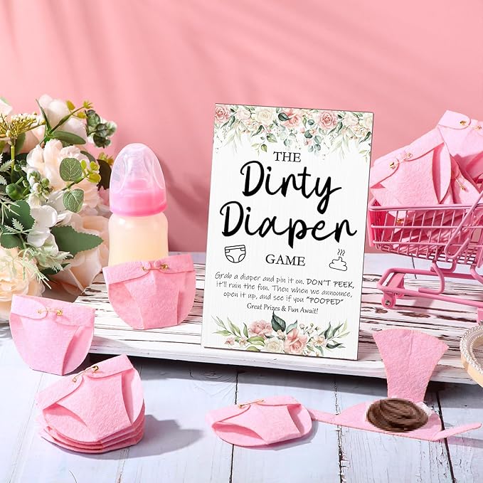 Roowest 51 Pcs Dirty Diaper Baby Shower Games Funny Wooden Sign with 50 Pcs Mini Diapers Cute Felt for Gender Reveal Party Baby Shower(Pink Flower)
