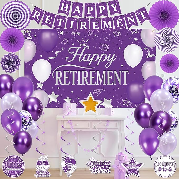 Holkcog Purple Retirement Party Decorations for Women, Silver Purple Happy Retired Banner Backdrop Paper fan Hanging Swirls for Coworker, I'm Retired Sash & Tiara Set, Great for Retiring Women Supply
