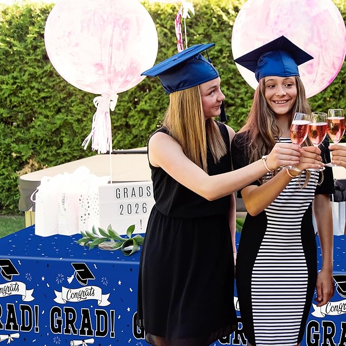 QZYL 2 PCS Graduation Decorations 2026, 108" X 54" Blue Graduation Tablecloth, Disposable Plastic Class of 2026 Tablecover, Rectangle Congrats Grad Table Cloths for Grad Decor Party Supplies