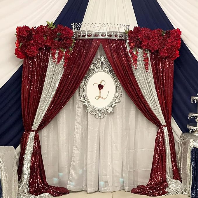 QueenDream Burgundy Red Sequin Backdrop for Wedding - Sequin Curtains 4 Panels 2x8FT Glitter Drapes Fabric for Sparkly Birthday Party Valentine's Day Decorations