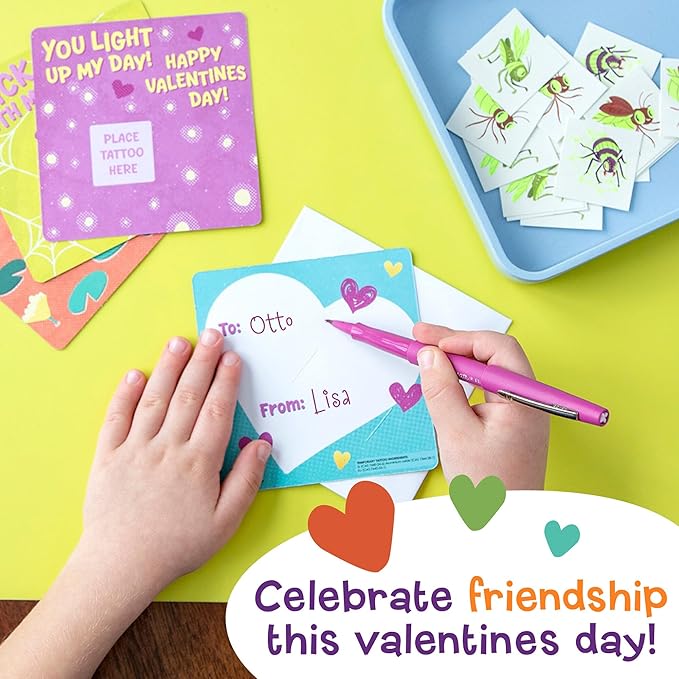 Valentine's Day Gift for Kids, Fun Party Favors for Classroom, Goodie Bag Stuffers - 28 Glow in the Dark Bug Tattoos