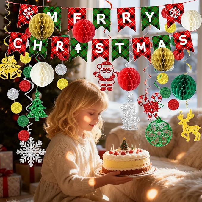 Christmas Party Decorations, Xmas Party Supplies, Merry Christmas Banner, Honeycomb Balls, Xmas Theme Hanging Swirls, Circle Dots Garland, for Outdoor Indoor Home Mantle Fireplace Decor