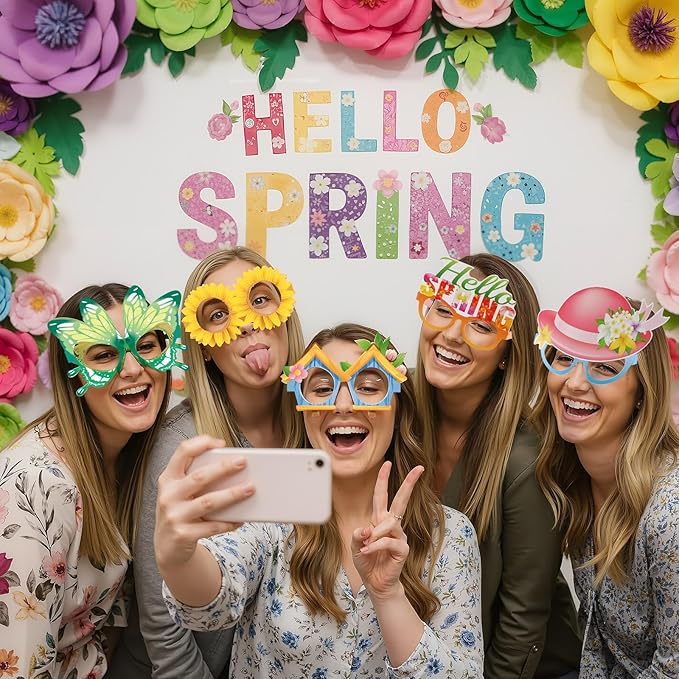 Pajean 32 Pack Spring Party Decorations Eyeglasses Springtime Themed Paper Glasses Supplies Flowers Butterflies Photo Booth Props Frame for Springtime Easter Tea Party Decoration Supplies