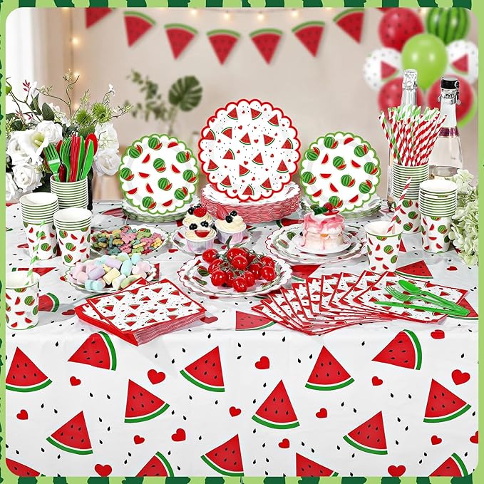 Ceenna 452 Pcs Watermelon Birthday Party Supplies for 50 Guests, Cute Fruit Paper Plates Napkins Cups Tablecloth Cutlery Straw Disposable Tableware for Summer Birthday Baby Shower Party Decoration