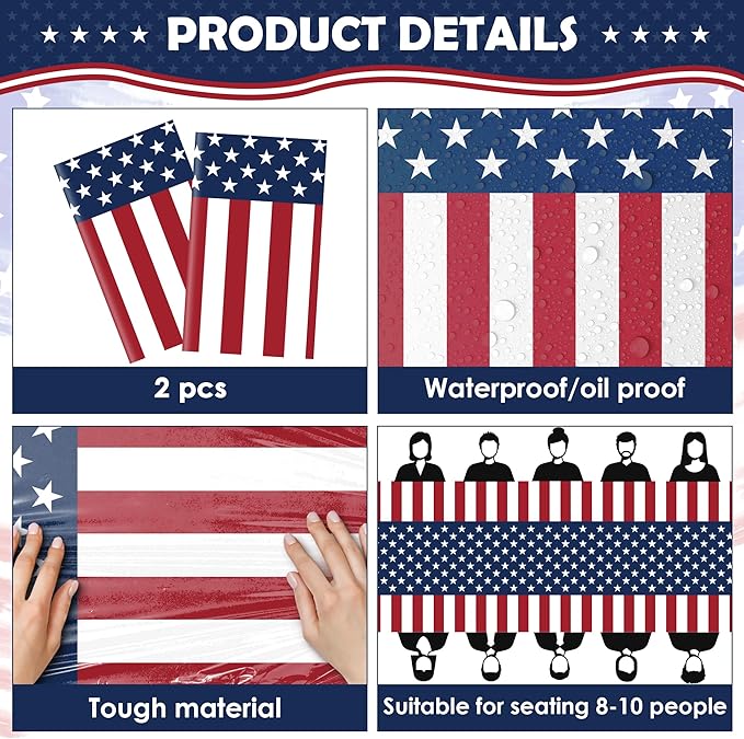 OHOME 4th of July Decorations - Patriotic American Flag Plastic Tablecloth for 250 America Anniversary USA | Fourth of July Accessories for Home Outdoor Outside Party Favors,54"x108",2 Pack