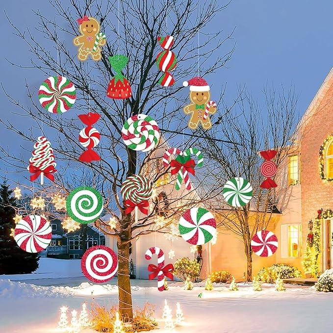 GuassLee Candy Gingerbread Christmas Outdoor Decorations - 18pcs Large Hanging Candy Cane Gingerbread Man Lollipop Decor for Outdoor Yard Porch Christmas Tree Decorations