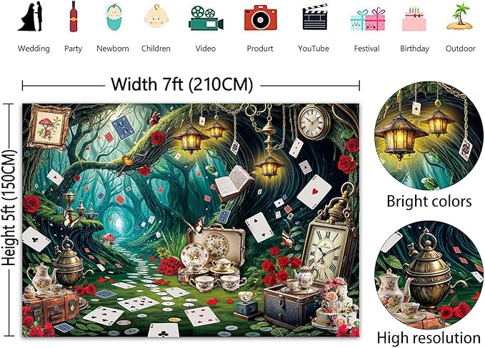 Wonderland Tea Party Backdrop Green Leaves Checkerboard Photography Background Wonderland Girls Kids Birthday Party Party Decoration Banner Supplies (82x59inch(7x5FT))