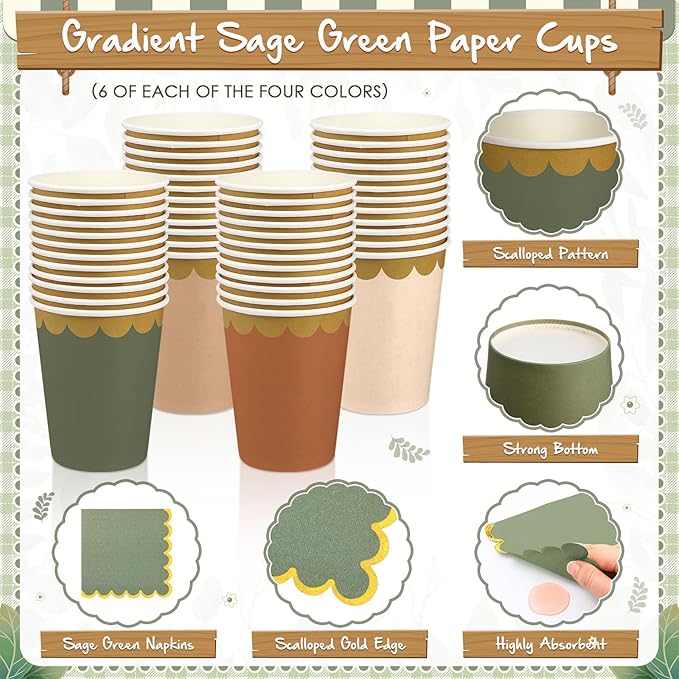 Mimorou 169 Pcs Sage Green and Brown Plates and Napkins Party Supplies for Guests Woodland Baby Shower Tableware Include Scalloped Plates Paper Napkin Cup Spoon Fork Knife for Wedding, Birthday