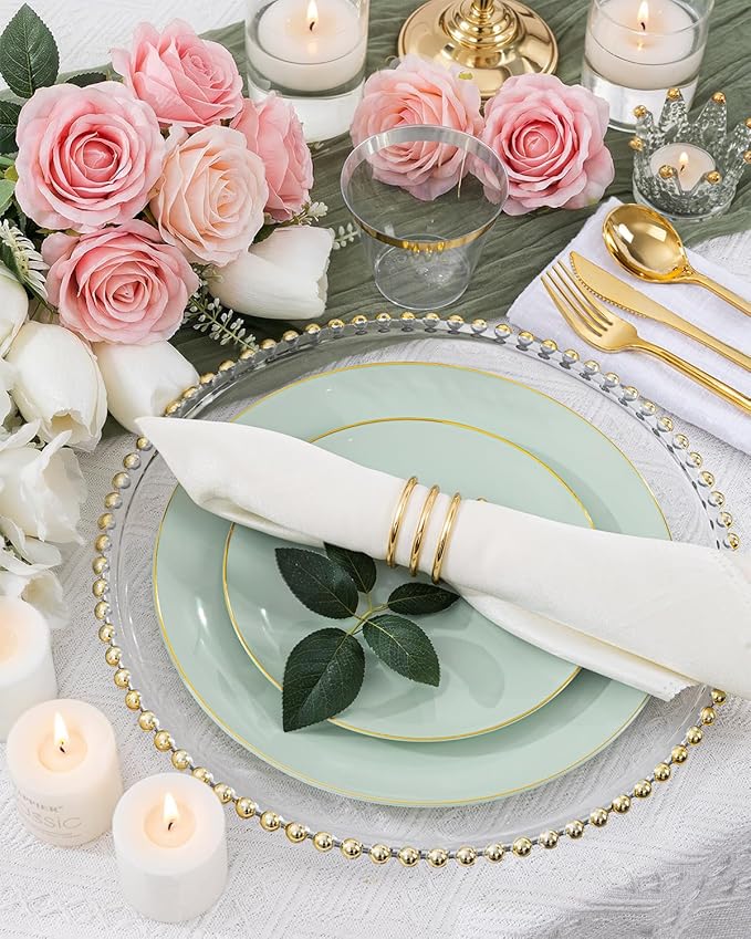 bUCLA 150PCS Green Plastic Plates - Sage Green with Gold Rim Disposable - Include 25 (Dinner & Dessert) Plates, 25 Knives, 25 Forks, 25 Spoons and 25 Cups for Party, Easter & Spring