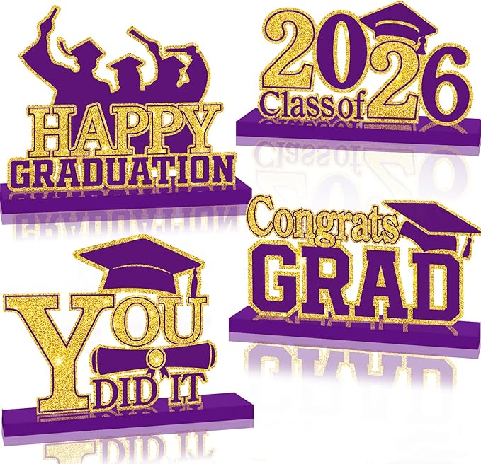 4Pcs Graduation Decorations Class of 2026 Wood Table Centerpieces Congrats Grad Wooden Sign Graduation Table Toppers Congratulate Tiered Tray Decor for 2026 Graduation Party (Purple-Gold)