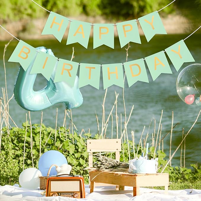 Green Happy Birthday Banner - Mint Green Hanging Backdrop Sign with Gold Letters, Happy Birthday Sign Bunting Decorations for Women men Kids Baby Shower Party Supplies (13pcs)