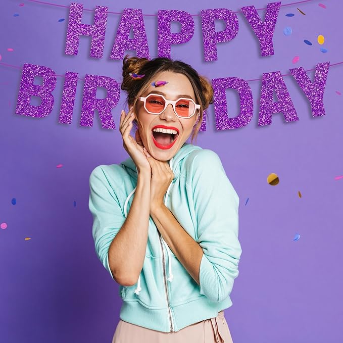 Pre-strung Happy Birthday Banner - No DIY - Purple Glitter Happy Birthday Party Banner for Girls & Women - Pre-strung on 8 ft Strands - Purple Bday Party Decorations & Decor. Did We Mention No DIY