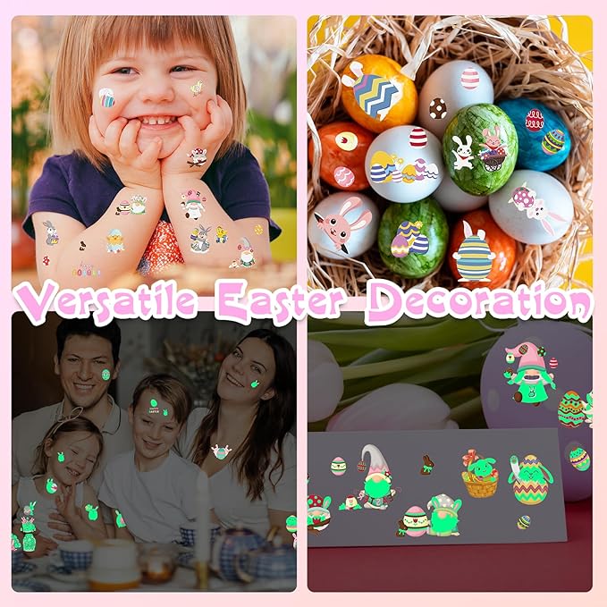 100 Pcs Easter Luminous Temporary Tattoos for Kids Easter Party Favors Supplies Easter Basket Stuffers