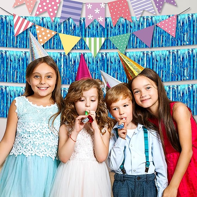 3 Pack 10 Ft Lake Blue Foil Fringe Garland Metallic Streamers Tinsel Banner Wall Hanging Garland Backdrop for Parade Floats, Halloween, Christmas, Thanksgiving, New Year Party Decorations