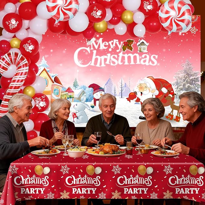 Christmas Party Decorations Set, Red White Gold Christmas Balloon Garland Arch with Candy Cane Foil Balloons, Merry Christma Backdrop Banner Tablecloths for Xmas Party Decorations Supplies