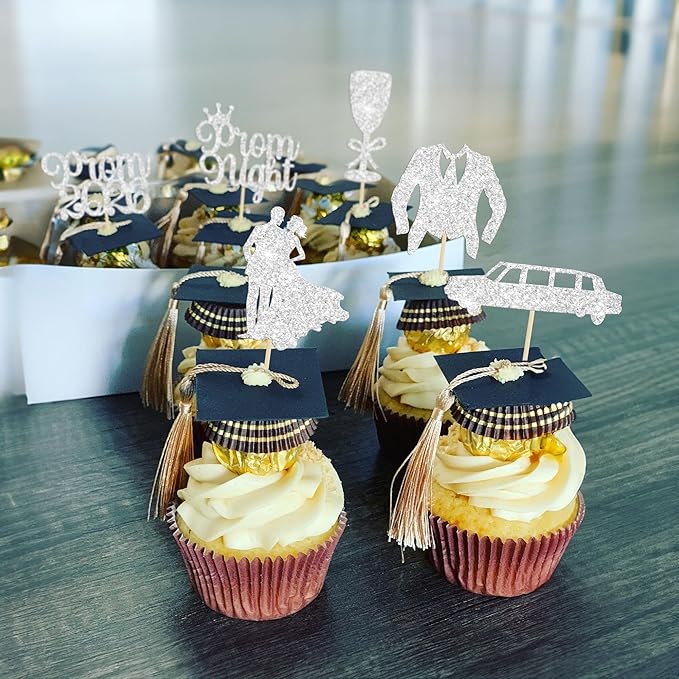 Gyufise 24Pcs Prom Cupcake Topper Prom Decorations for Party 2026 Grad Cupcake Topper 2026 Grad Decor Class of 2026 College Decorations Party Decorations Silver