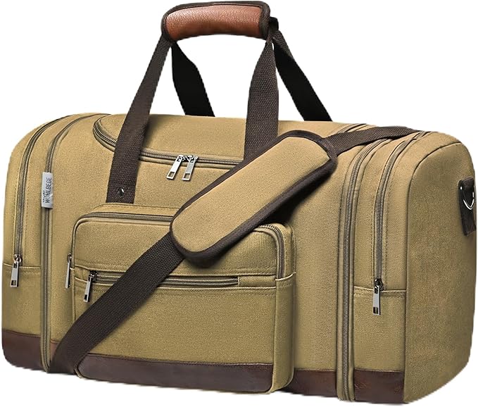 Wolhbege Duffle Bag for Travel,Mens Travel Bag & Carry On Bag for Men with Expandable Design and Luggage Sleeve –Duffel Bag for Gym, Weekender,Canvas,Overnight Trips Khaki