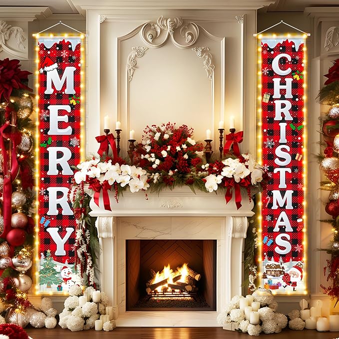Christmas Decorations Outdoor Merry Christmas Banner with String Lights Xmas Porch Door Welcome Sign Hanging Christmas Decor Indoor for Home Holiday Outdoor Wall Front Door Yard Garage