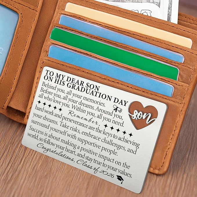 Graduation Wallet Card for Son from Mom, Class of 2026 Laser-Engraved Stainless Steel Insert with Heart Cutout, Inspirational Postcard Keepsake, Graduation Day Gift for Him High School College QBK13