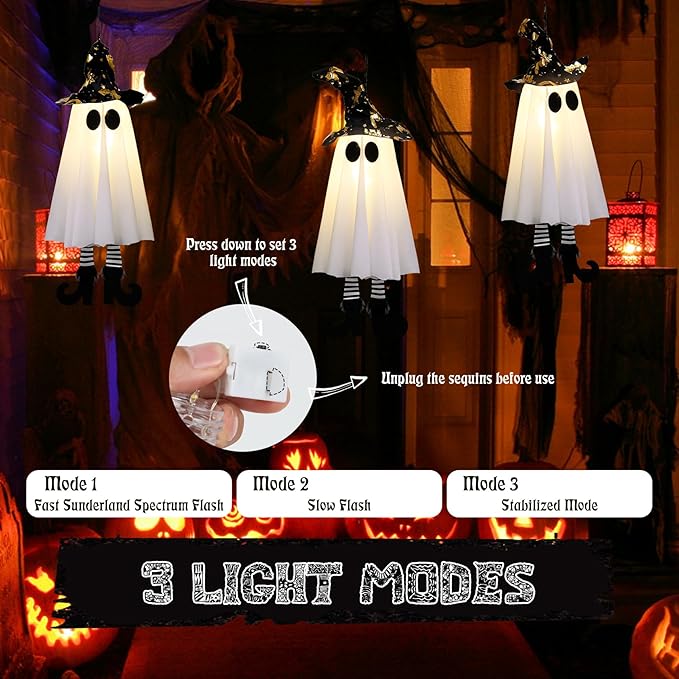 Halloween Decorations Outdoor,Set of 3 Halloween Hanging Spirits with Cone Caps, Swaying Glow Decor Lights for Yard Patio Lawn Garden Party Porch Decor
