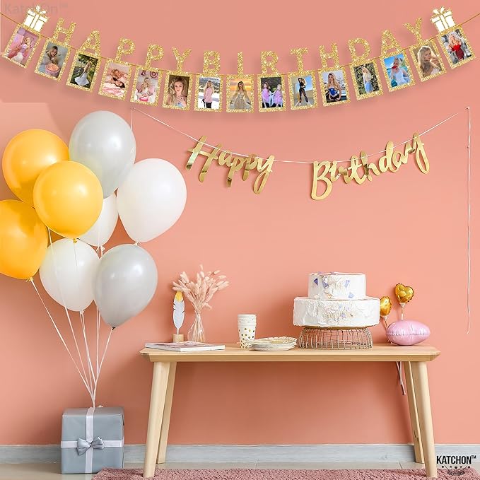 KatchOn, Glitter Gold Happy Birthday Banner - Big 10 Feet, Preassembled | Gold Happy Birthday Picture Banner for Happy Birthday Decorations | Gold Party Decorations