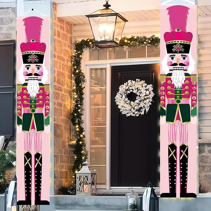 Christmas Nutcracker Door Banner 71x12 inch Pink Christmas Hanging Porch Banner Holiday Soldier Wall Decoration for Xmas Front Door Banners Outdoor Fireplace Entryway Party Home Decor