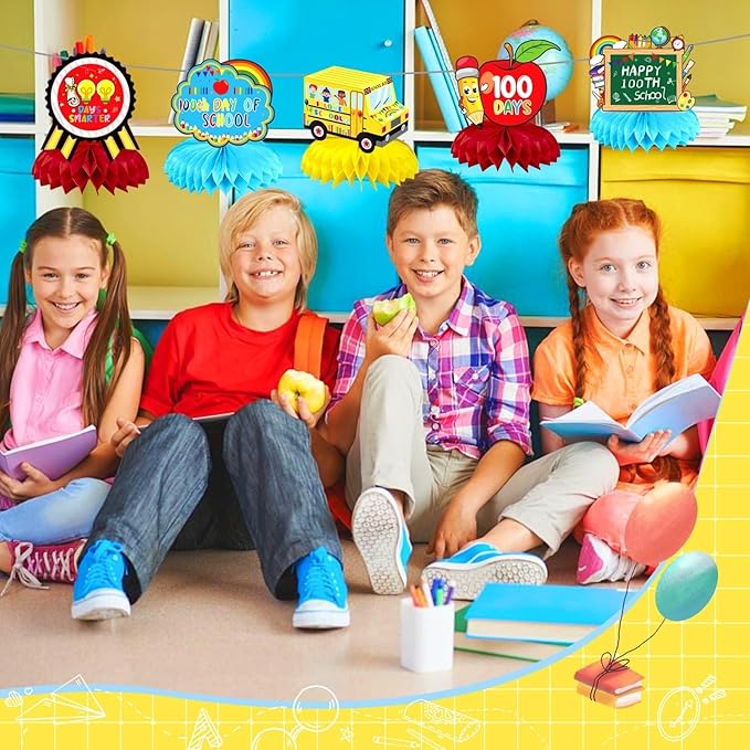 JULMELON 8 PCS 100 Days of School Decorations Honeycomb Centerpiece, 6 Inch Diameter, Red, Green, Yellow, Blue, Includes Honeycomb Centerpieces
