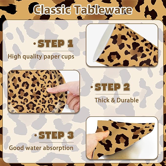 168PCS Leopard Print Party Suppplies Animal Cheetah Print Plates Napkins Cups Tableware Set Jungle Animal Leopard Theme Birthday Party Decorations Serve 24 Guests