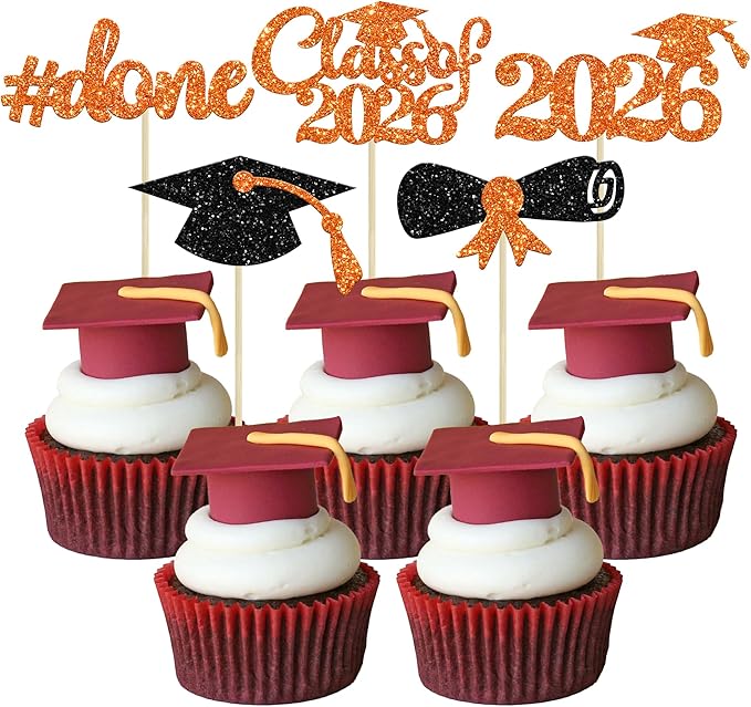 Gyufise 30Pcs 2026 Graduation Cupcake Toppers Orange Glitter Class of 2026 Done Cupcake Picks Grad Cap Diploma Cake Decorations for 2026 Graduation Theme Party Cake Decorations Supplies