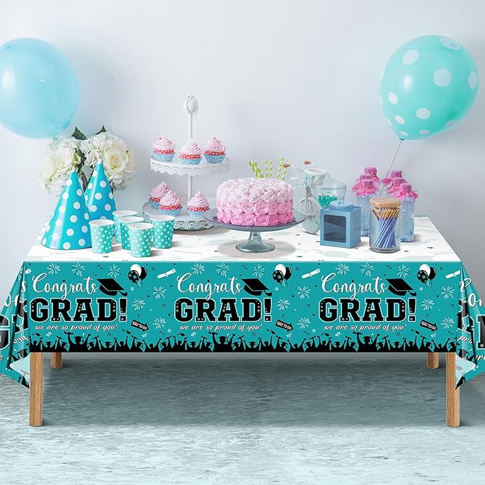 3 Pack Graduation Tablecloth Party Decorations, Class of 2026 Congrats Grad Plastic Tablecover Party Supplies, Teal Rectangle Graduation Table Decorations for College High School, 54 x 108 Inch