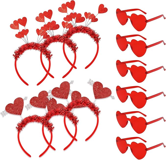 Whaline Valentine Party Accessories 6Pcs Glitter Red Heart Bopper Headbands and 6 Pairs Heart Shape Eyeglasses Love Arrow Sparkling Hairband Transparent Eyewear for Wedding Party Favor Supplies
