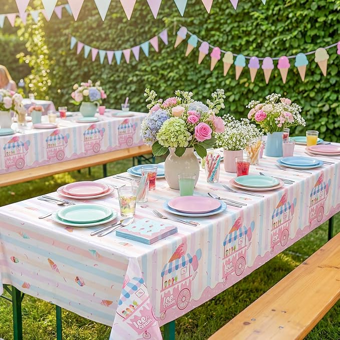 3 Pack Ice Cream Tablecloths Party Decorations, 54 x 108 Inch Disposable Ice Cream Birthday Themed Table Cloth Waterproof Rectangle Party Table Cover for Kids Sweet One Birthday Baby Shower