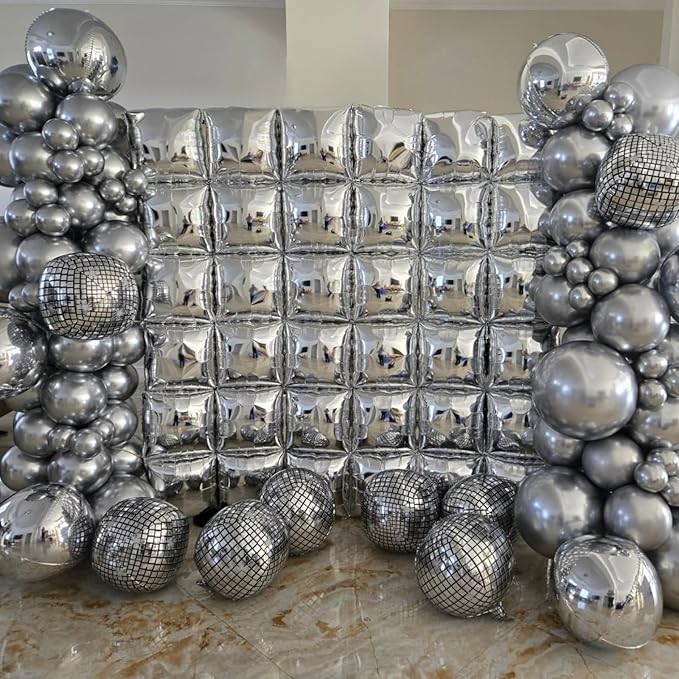Metallic Silver Double Sided Square Foil Balloons Wall,19 Inches Chrome Foil Balloons Tunnel Arch Kit for Bachelorette,2026 New Year,anniversary,Graduation,Wedding,Birthday Party Background Decoration