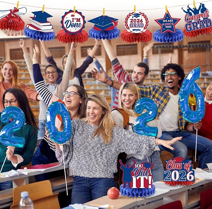 Yisong 9 Pieces 2026 Graduation Party Table Decorations Class of 2026 Congrats Graduation Centerpieces for Tables Congratulate Honeycomb Centerpiece Topper for Grad Party Supplies (Blue, Red)