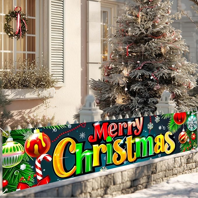 Merry Christmas Fence Banner with Ornaments and Candy Cane Decor 78 x 17 Inch Outdoor Holiday Yard Lawn Decoration Home Front Door Christmas Decoration